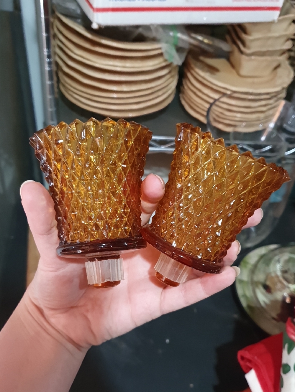 True Vintage Amber Diamond-Pattern Glass Candle Shades - Pair
